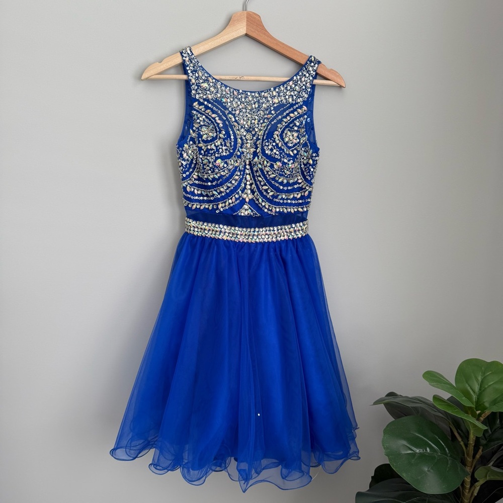 Anny Lee Blue Sleeveless Beaded Cocktail Prom Party Dress Size XS